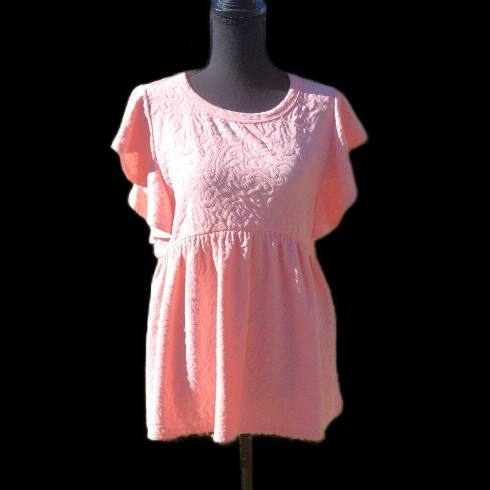 Macaron Textured Jersey Top Round Neckline Short Flutter Sleeves Curved Seam